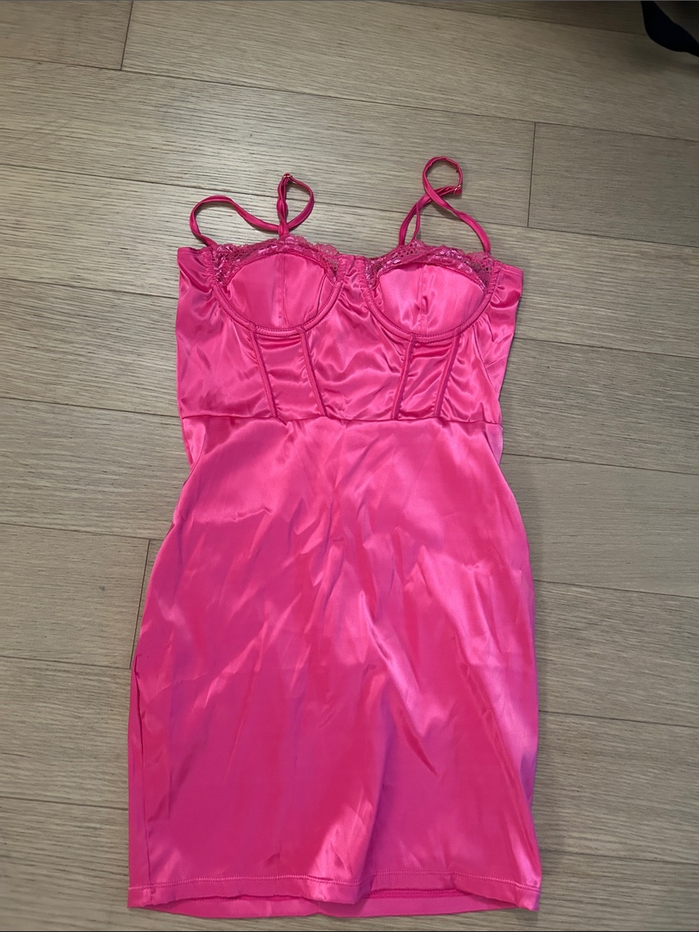 Fashion Nova Hot Pink Satin Slip Dress with Lace Trim